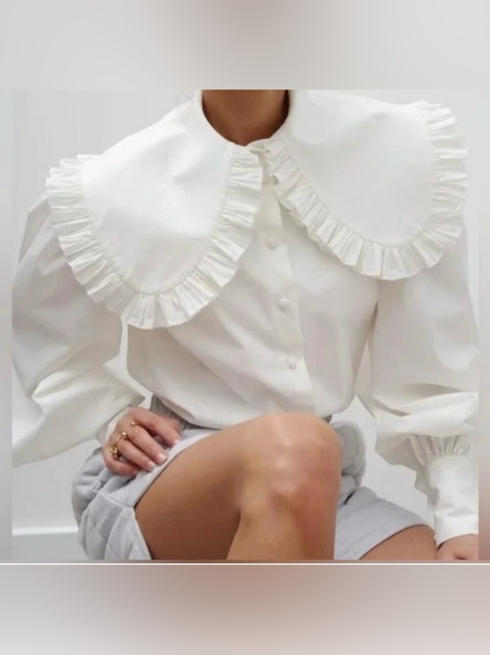 NWT Commense 100% Cotton White Button-Down Ruffle Collar Blouse Small